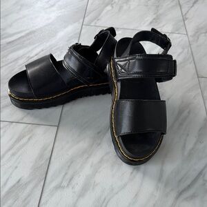 Dr. Martens Black Leather Sandals with Yellow Stitching